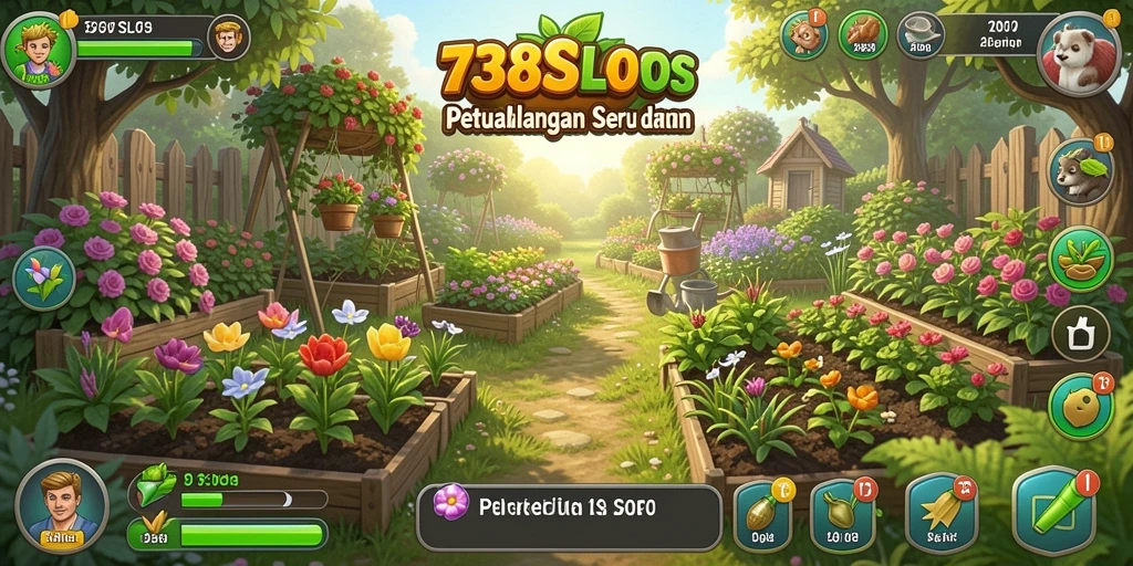 Screenshot gameplay 738SLOTS menampilkan suasana berkebun yang ceria.