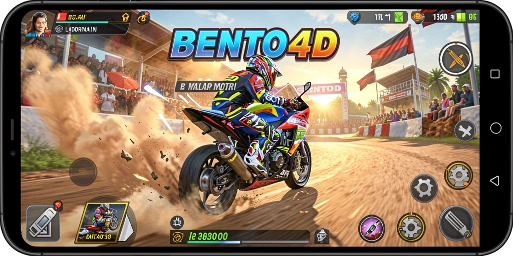 Gameplay seru dalam BENTO4D yang menampilkan aksi balap motor.