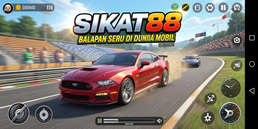 Tampilan seru gameplay SIKAT88 dengan mobil balap di lintasan.